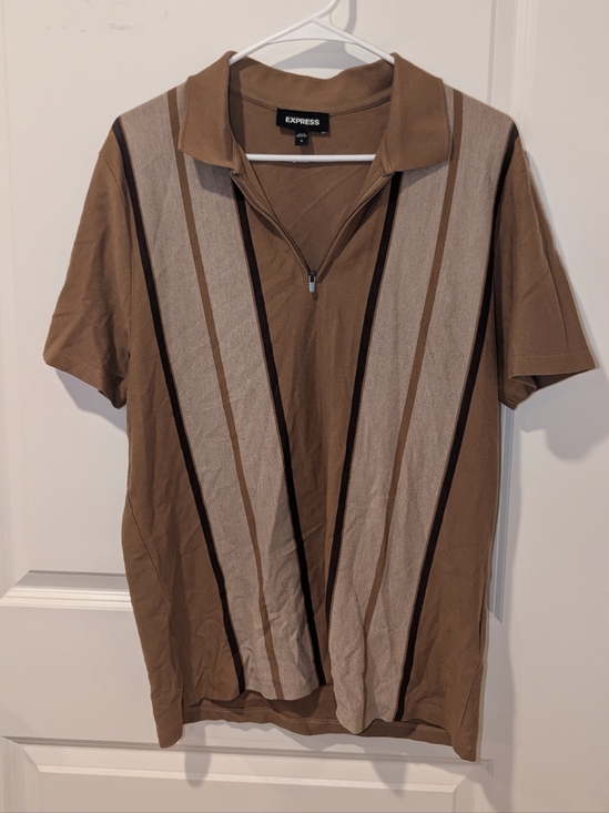 Express Other - Tan Zipper Mens Short Sleeve Casual Shirt Preppy Stripes